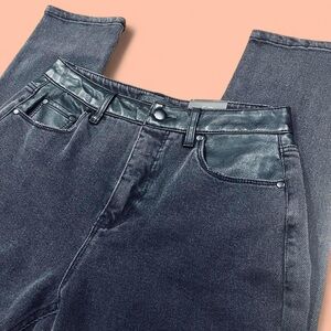 Whimsigoth Grunge Punk Black Skinny Jeans Faux Leather Waistband Stretch Pants 4